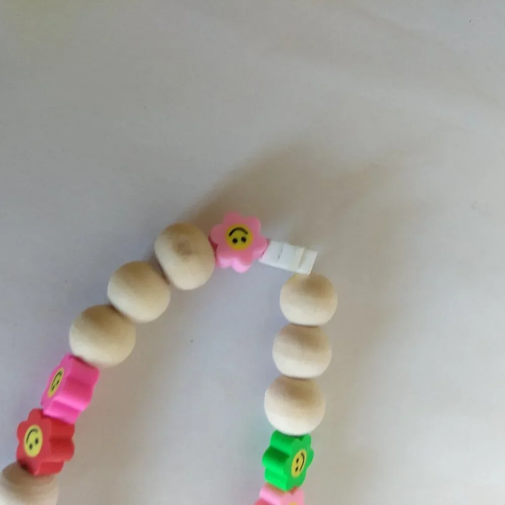 Wooden Bead Smiley Flower Lanyard Keychain Kidcore Fun Colorful Modern Utility